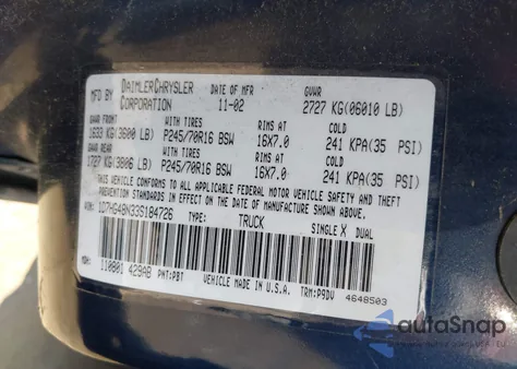 2003 Dodge Dakota Quad Slt из США, поврежденный, VIN 1D7HG48N33S184726